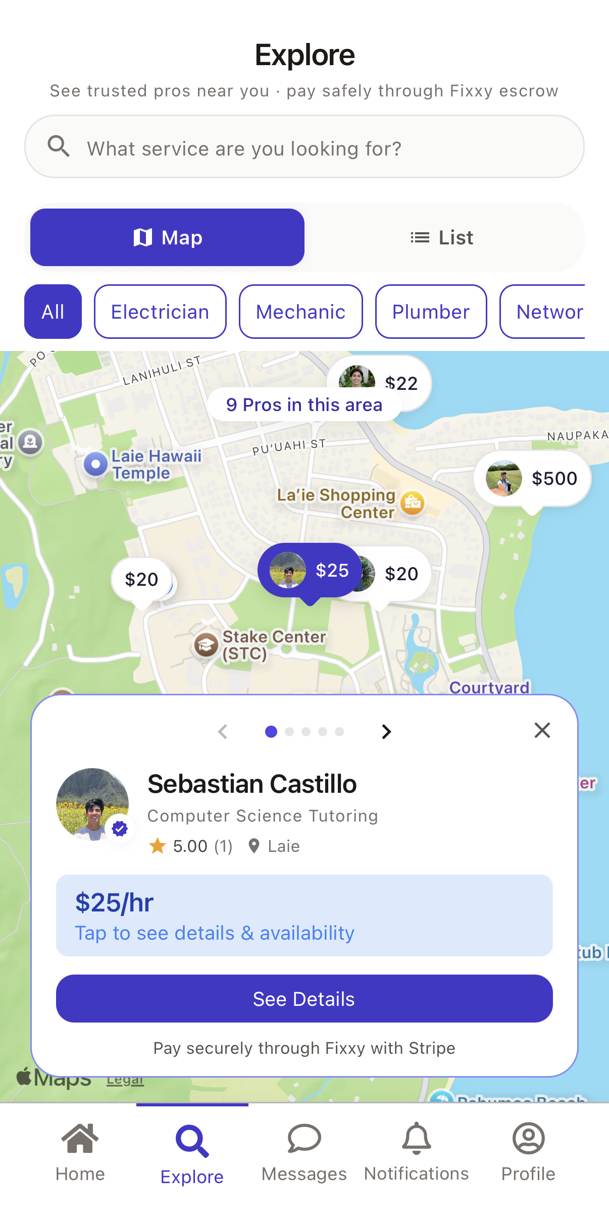 FixxyApp map showing local pros and prices near you